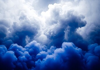 Dramatic dark blue storm clouds gathering in the sky, illuminated by sunlight breaking through, creating an ominous and powerful atmosphere
