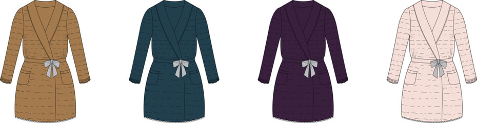 A collection of elegant belted wrap dress fashion illustrations. A technical flat drawing set of a long-sleeve robe in various color palettes