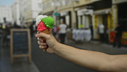 Man holding colorful ice cream cone on vibrant street with blurred background, capturing a dynamic...