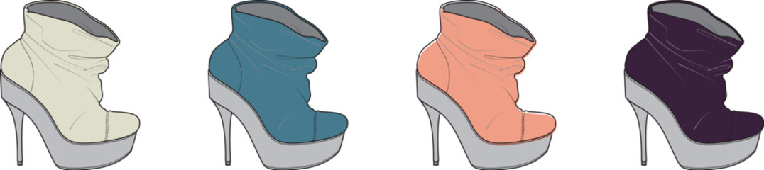 Four fashionable heeled boots in various colors and designs, showcasing stylish footwear for women