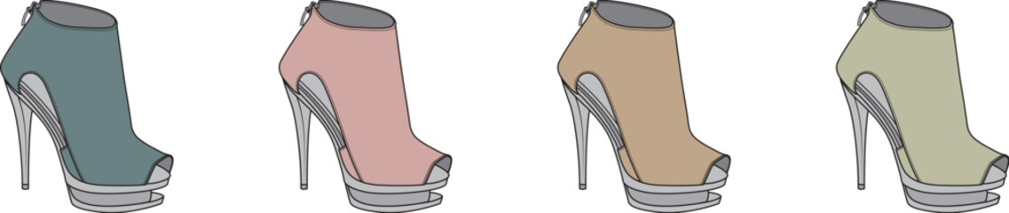 A collection of stylish women's peep-toe high-heel ankle boots in four different colors, an elegant footwear concept isolated on a white background