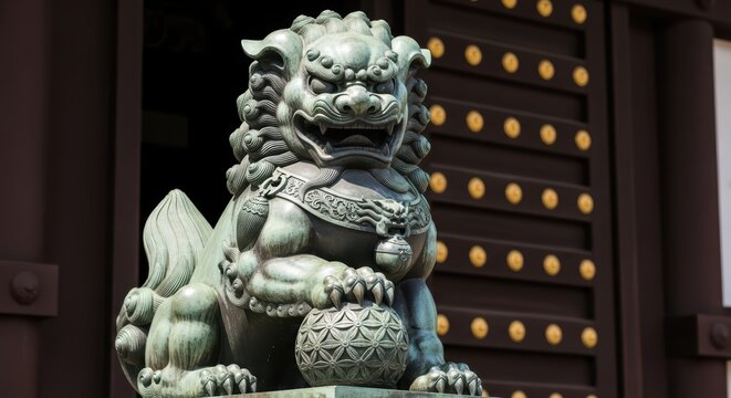 Ancient bronze foo dog guardian statue with ornate details