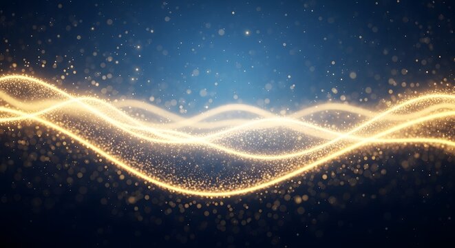 Abstract glowing golden waves and particles shimmering on a dark blue background, representing energy, motion, and cosmic wonder in a digital art style