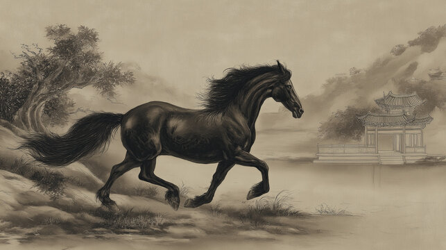 Running horse ink painting Chinese art landscape pavilion mountain lake traditional style serene mood