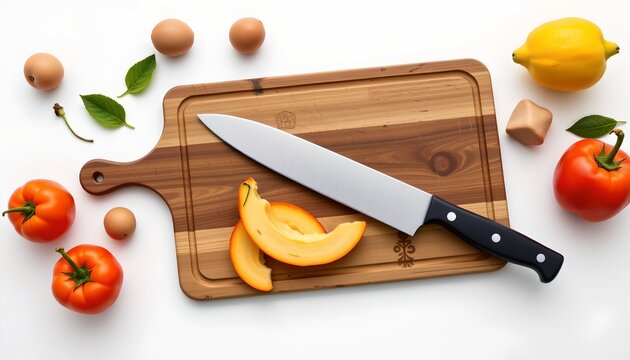 A photograph capturing a wooden cutting board with various fruits, vegetables, herbs, and a knife prominently displayed, suggesting preparation for cooking.
