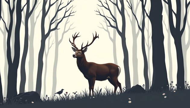 A majestic deer standing tall among a serene forest. The deer is positioned in the foreground, its presence drawing the viewer's attention amidst the tranquil backdrop of trees and undergrowth.