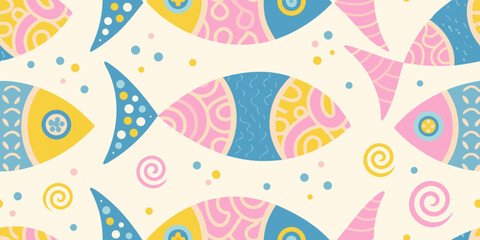 Whimsical seamless pattern of colorful stylized fish and dots in pastel pink blue and yellow