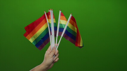 Fototapeta premium Hand holding colorful rainbow flags with green background symbolizing lgbtq pride and community support.