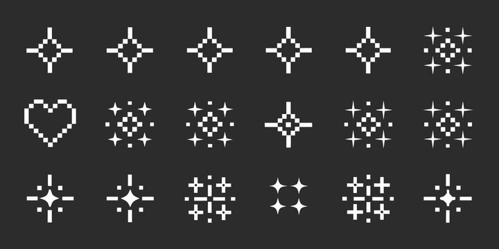 Collection of pixel art style sparkle and starburst icons on a dark background