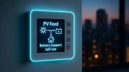 Modern smart home energy management display showing solar panel battery storage system with photovoltaic feed and self consumption controls at dusk