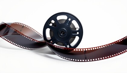 An old film reel is lying on its side with the spool at one end. It's overlaid on a photograph of an actual movie film reel, creating a superimposed effect.