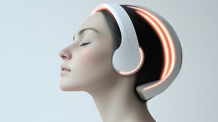 Woman wearing futuristic glowing headphones isolated on white background
