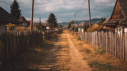 Dirt path through a rural village in a scenic landscape on a cloudy day
