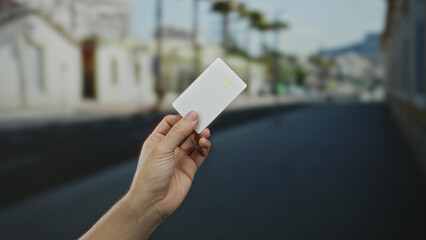 Caucasian man holding a white card on a city street with blurred buildings in the background, emphasizing the modern urban outdoor setting.
