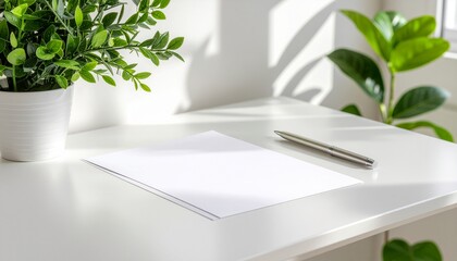 A modern white desk with a blank sheet of paper and a sleek silver pen placed beside it in bright light