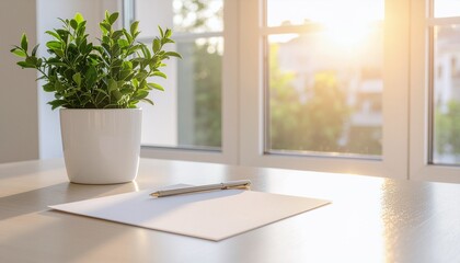 A blank sheet of paper on a desk beside a pen, illuminated by golden morning sunlight through the window