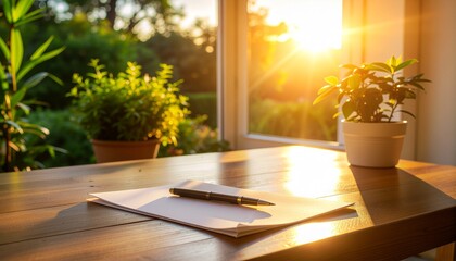 A blank sheet of paper on a desk with sunlight shining through the window and a pen beside it