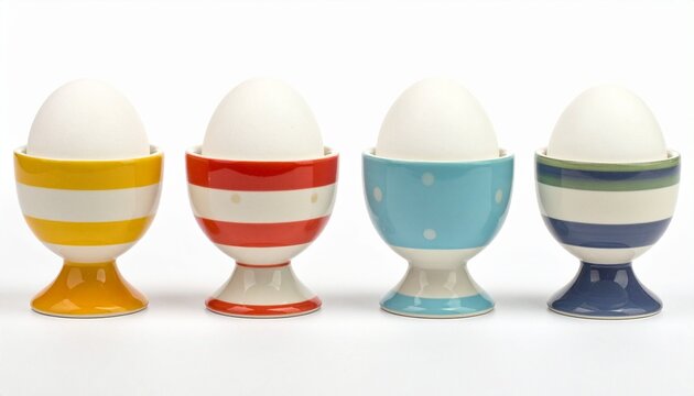 White eggs in colorful egg cups with striped and polka dot designs arranged symmetrically on white background for editorial kitchen photography breakfast decor and poetic simplicity-themed visuals