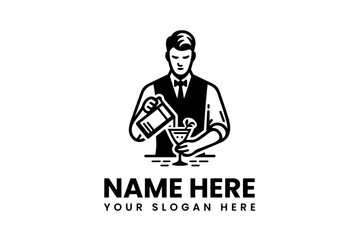 Classic emblem of a professional bartender pouring a cocktail into a glass. Monochrome vector logo template for a bar, pub, or lounge business