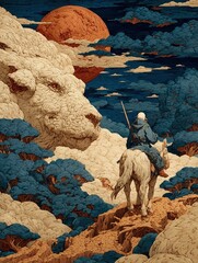 Fantasy landscape with a lone rider facing a giant cloud lion and a red moon illuminating the night sky