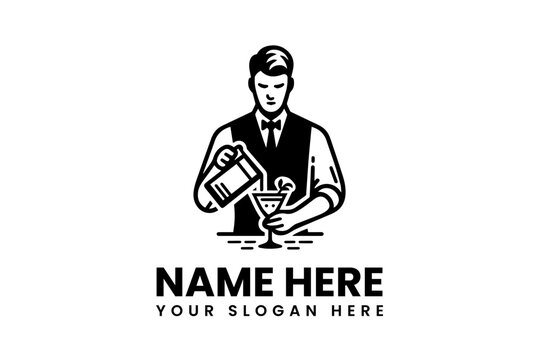 Classic emblem of a professional bartender pouring a cocktail into a glass. Monochrome vector logo template for a bar, pub, or lounge business