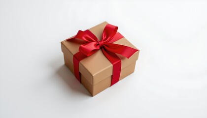 Obraz premium A small gift box adorned with a vibrant red ribbon, positioned centrally against a clean white background.