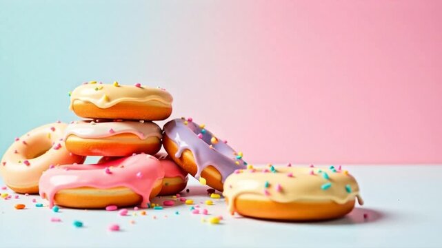 Sweet donuts with colorful sprinkles stacked high, tempting treats, perfect for a fun celebration, a joyful snack, or a cheerful breakfast surprise
