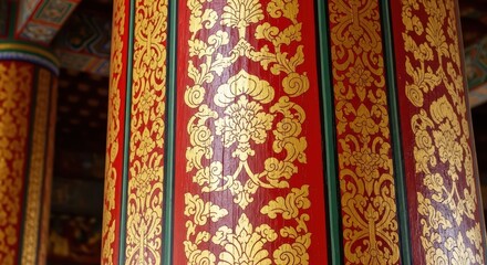 Intricate gold and red column design with traditional asian patterns