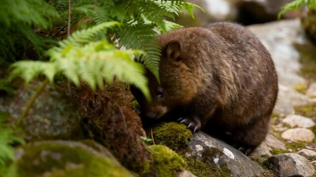 A young wombat exploring rocky ground, surrounded by lush greenery in its natural environment, perfect for wildlife conservation day