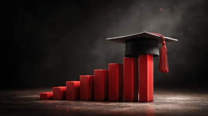 Graduation cap on a rising red bar graph representing academic achievement, success, education, career goals in a dark and dramatic atmosphere
