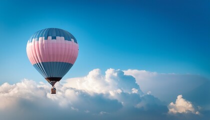 Fototapeta premium a beautiful hot air balloon with pastel pink and blue stripes glides through a bright blue sky surrounded by fluffy white clouds offering a glimpse of adventure and tranquility