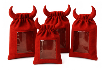 Red devil horn drawstring pouches with window, holding halloween treats or small gifts, transparent background