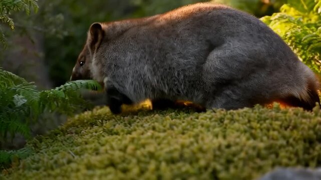 A young wombat exploring rocky ground, surrounded by lush greenery in its natural environment, perfect for wildlife conservation day