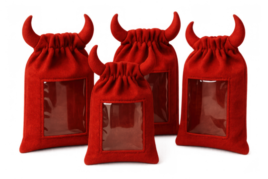 Red devil horn drawstring pouches with window, holding halloween treats or small gifts, transparent background