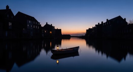 Obraz premium Serene dusk canal with rowboat reflecting tranquil twilight scene