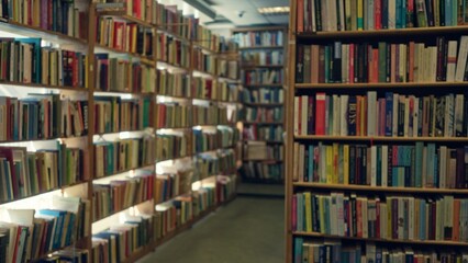 Blurred view of a spacious library with rows of colorful books lining wooden shelves in a serene...