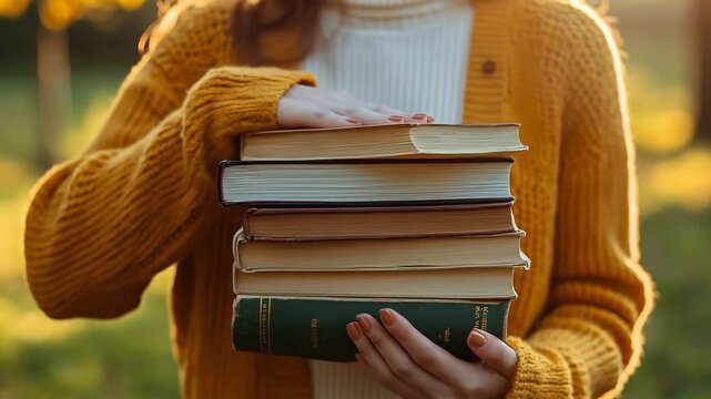 Woman in mustard cardigan holding a stack of books outdoors