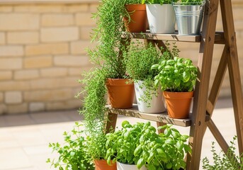 A variety of fresh culinary herbs in pots on a wooden ladder shelf. Home herb garden with basil, rosemary, and thyme. Urban container gardening concept
