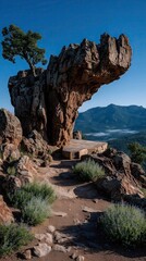 Stunning rock formation with tree overlooking a valley during daylight in the mountains