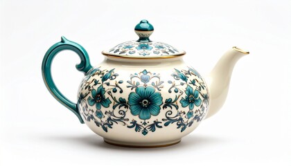 Ornate porcelain teapot with floral design, teal border, and gold accents for editorial decor photography ceramic artistry design and poetic hospitality-themed visuals