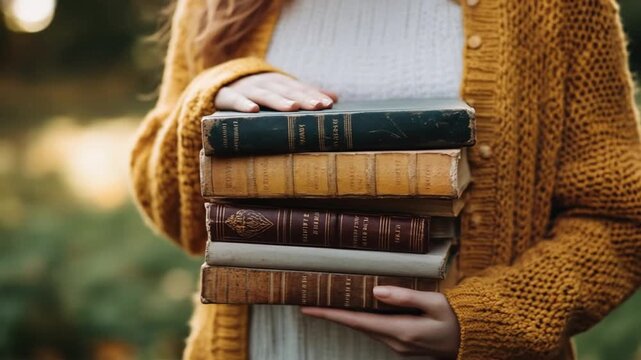 Hands holding stack of vintage books in a cozy, knitted sweater