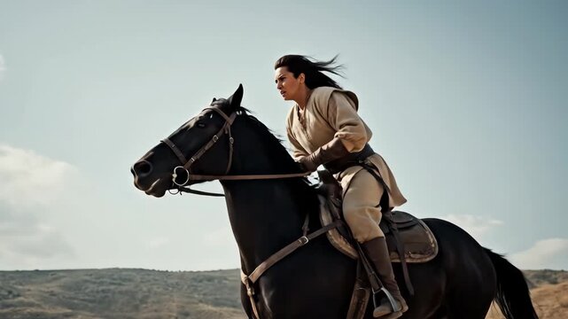Woman riding black horse in open field, historical reenactment footage