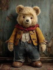 Cute teddy bear on a colorful bedspread in a cozy bedroom during afternoon light