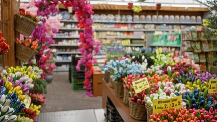 Blurred view of florist shop with vibrant wooden tulip display and defocused floral archway in colorful arrangement.