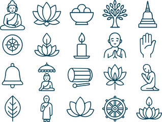 Line art illustration of buddhism icons isolated on white background, featuring symbols of buddha, lotus, and spiritual elements for religious representation © NOMAN