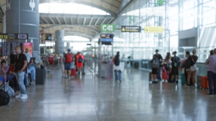 Defocused airport concourse with soft bokeh across glass windows and distant gates station;...