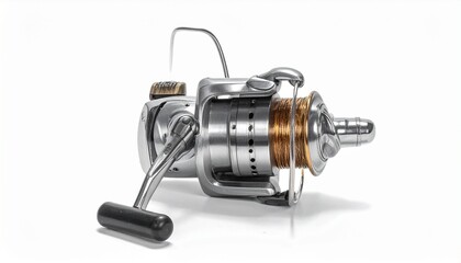 Chrome spinning fishing reel with brown line and detailed components on white background for editorial gear photography sport equipment design and poetic angling-themed visuals