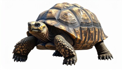 Obraz premium Realistic tortoise with textured shell and scaled limbs on white background for editorial wildlife photography biological study design and poetic resilience-themed visuals