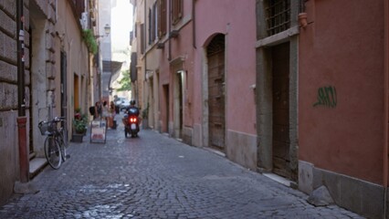 Fototapeta premium Narrow cobblestone alley captured defocused with soft bokeh and shallow depth of field; background backdrop copyspace calm.