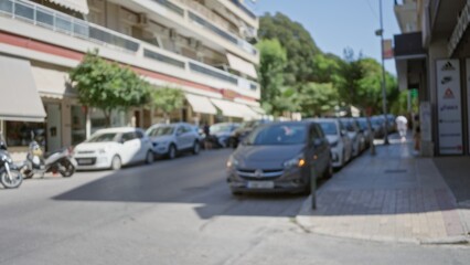 Blurry street scene with parked cars, scooters and storefronts in soft bokeh, defocused; background copyspace backplate calm.